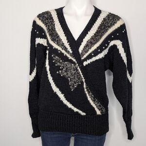 Vintage Side Effects Black White Pearl Beaded 80s 90s V Neck Sweater M